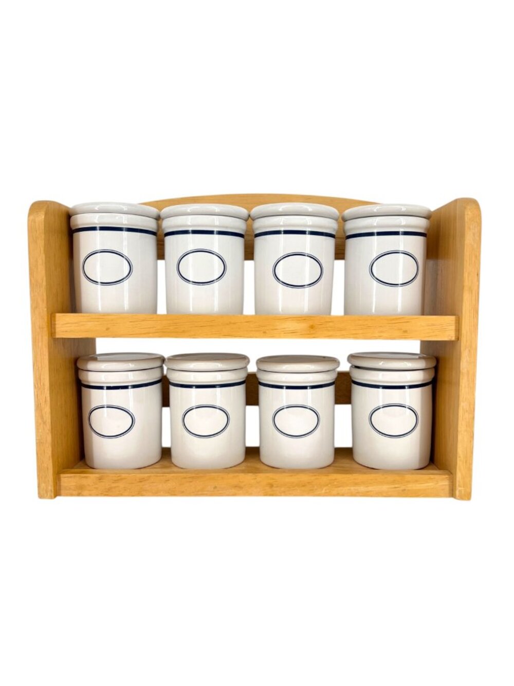 Dansk Bistro Christianshavn Blue Spice Rack Set With 8 Ceramic Jars Wooden Stand